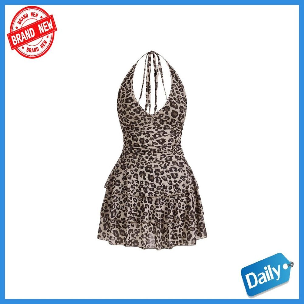 Leopard Print Halter Dress Backless Ruched Tiered Mini